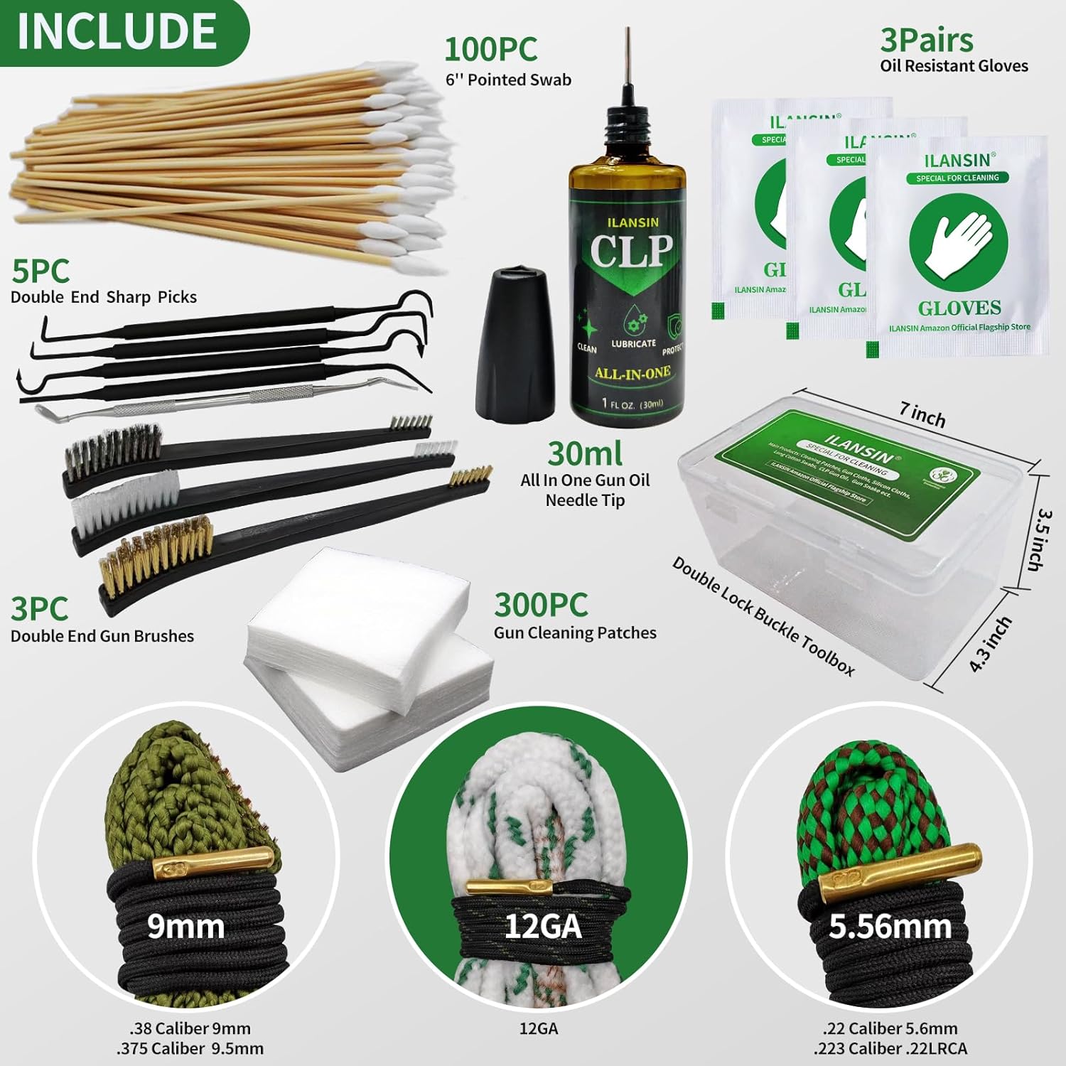 30ml CLP+300 Patches+100 Swabs+3 Snakes+3 Brushes+5 Picks+ 6PC Gloves(3 pairs) — ILANSIN OEM & wholesale gun cleaning supplies 30ml CLP+300 Patches+100 Swabs+3 Snakes+3 Brushes+5 Picks+ 6PC Gloves(3 pairs) — ILANSIN OEM & wholesale gun cleaning supplies