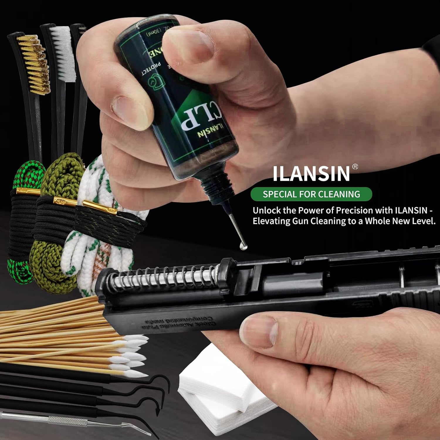30ml CLP+300 Patches+100 Swabs+3 Snakes+3 Brushes+5 Picks+ 6PC Gloves(3 pairs) — ILANSIN OEM & wholesale gun cleaning supplies 30ml CLP+300 Patches+100 Swabs+3 Snakes+3 Brushes+5 Picks+ 6PC Gloves(3 pairs) — ILANSIN OEM & wholesale gun cleaning supplies