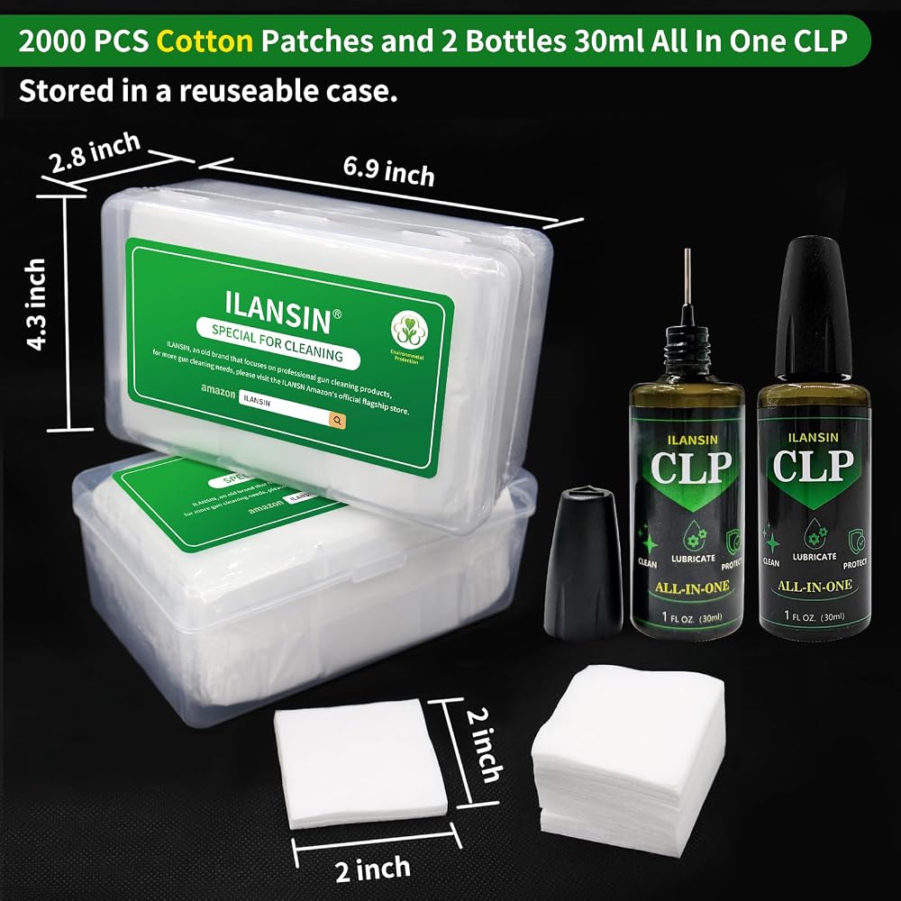 ILANSIN 2000PCS Cotton Gun Cleaning Patches+ 2 Bottles CLP Oil (60ml) — ILANSIN OEM & wholesale gun cleaning supplies ILANSIN 2000PCS Cotton Gun Cleaning Patches+ 2 Bottles CLP Oil (60ml) — ILANSIN OEM & wholesale gun cleaning supplies