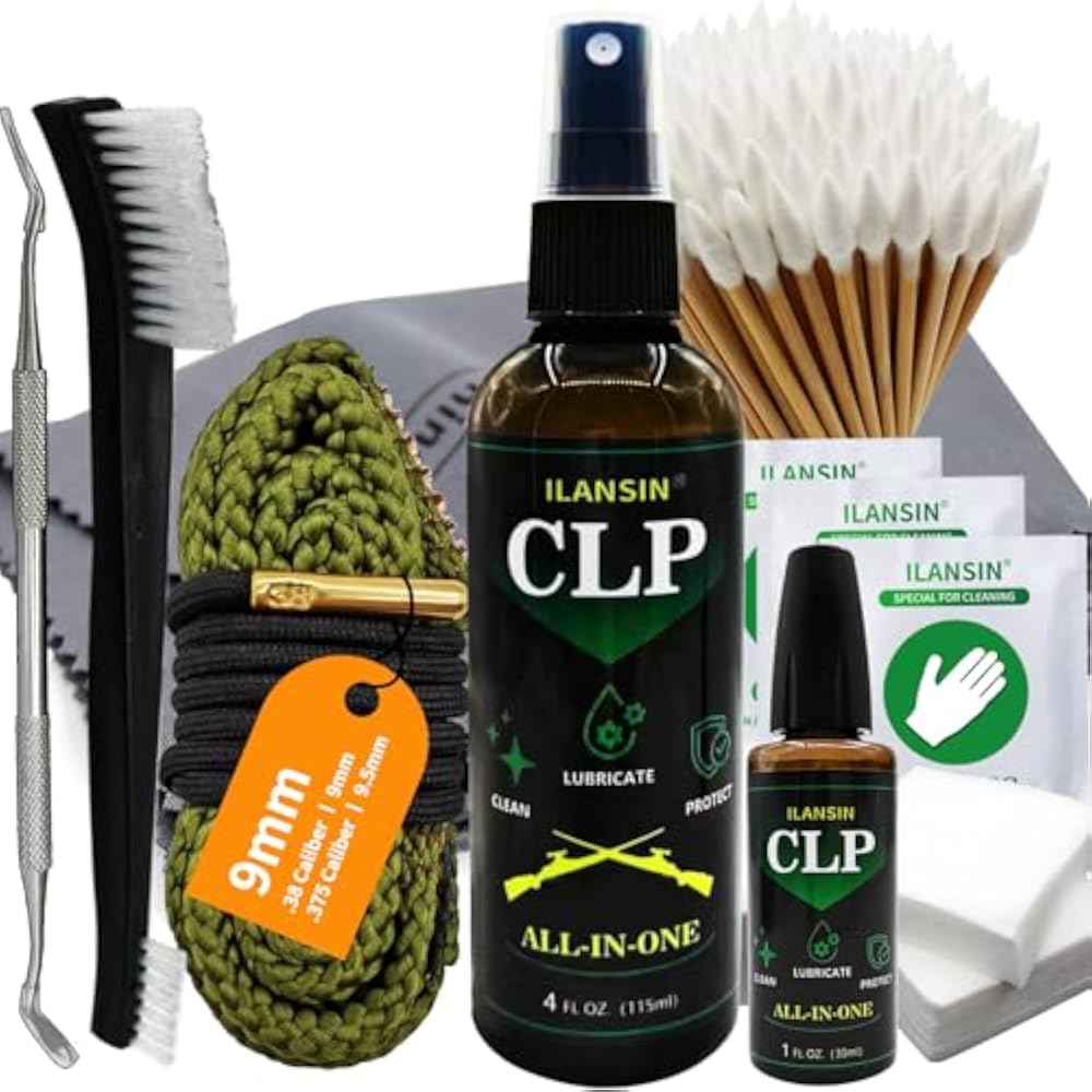 ILANSIN 9mm Gun Cleaning Kit | 5oz CLP Oil (1oz Needle + 4oz Spray), Bore Snake, 300 Patches, 100 Swabs | OEM & Wholesale