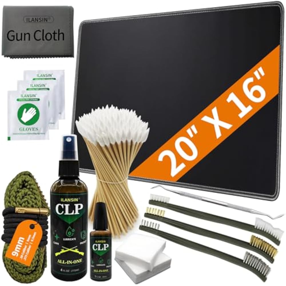 ILANSIN 9mm Gun Cleaning Kit with 20" x 16" Work Mat | Bore Snake + 5oz CLP Oil | Bench & Range | OEM & Wholesale