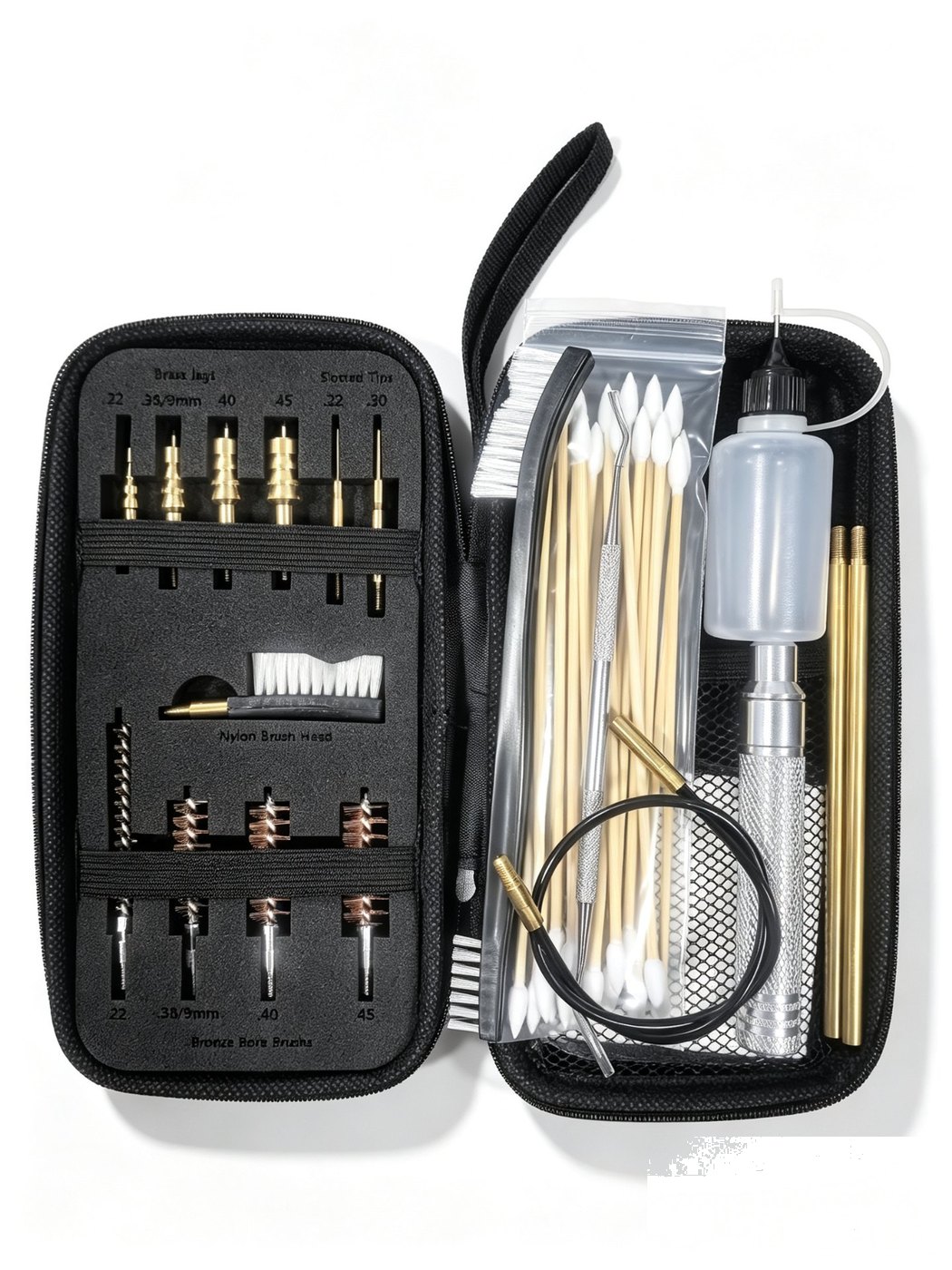 Full-size gun cleaning kit in soft zippered case